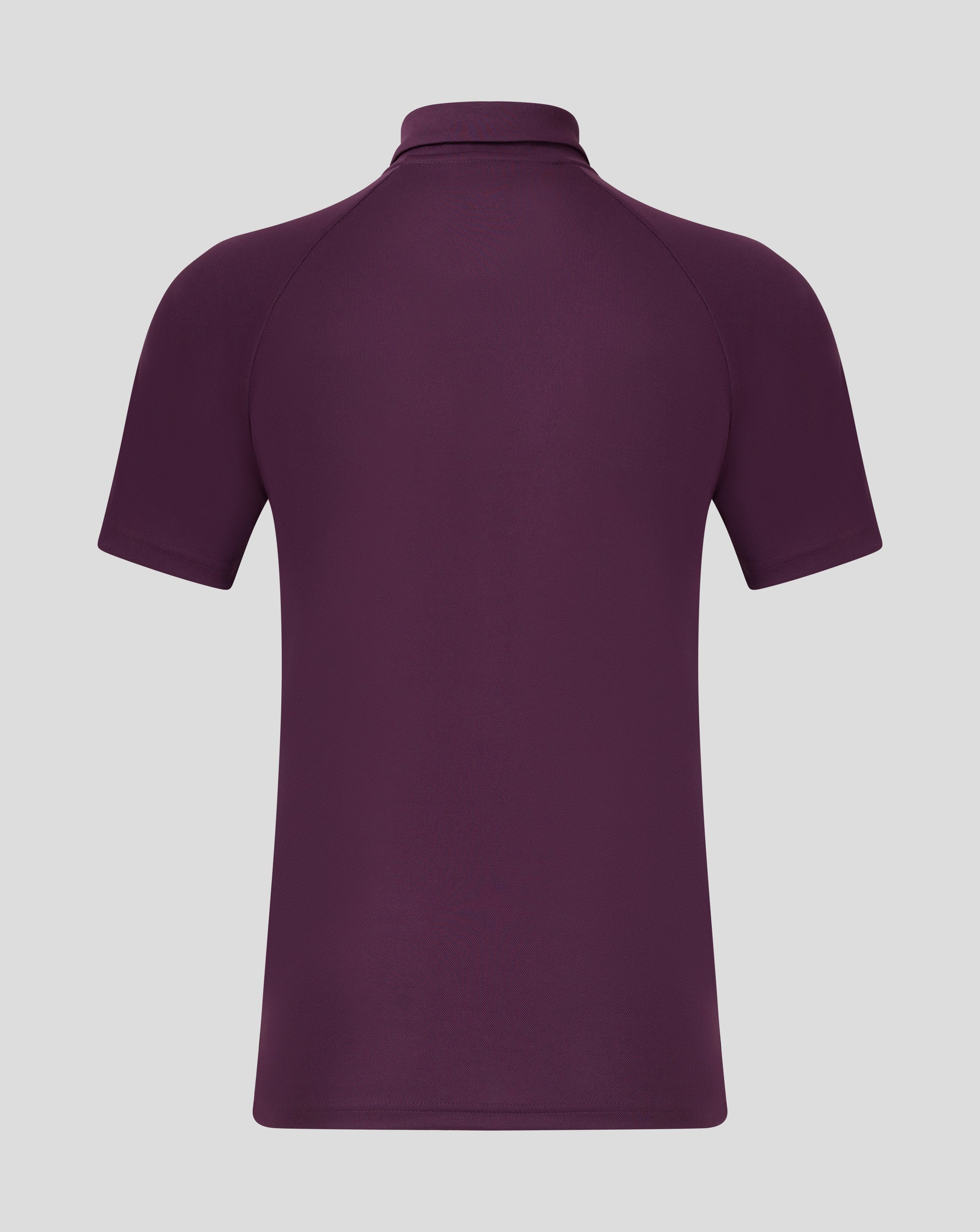 Back view of burgundy England Cricket polo showing collar and shoulder seams