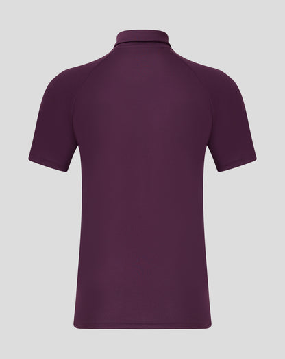 Back view of burgundy England Cricket polo showing collar and shoulder seams