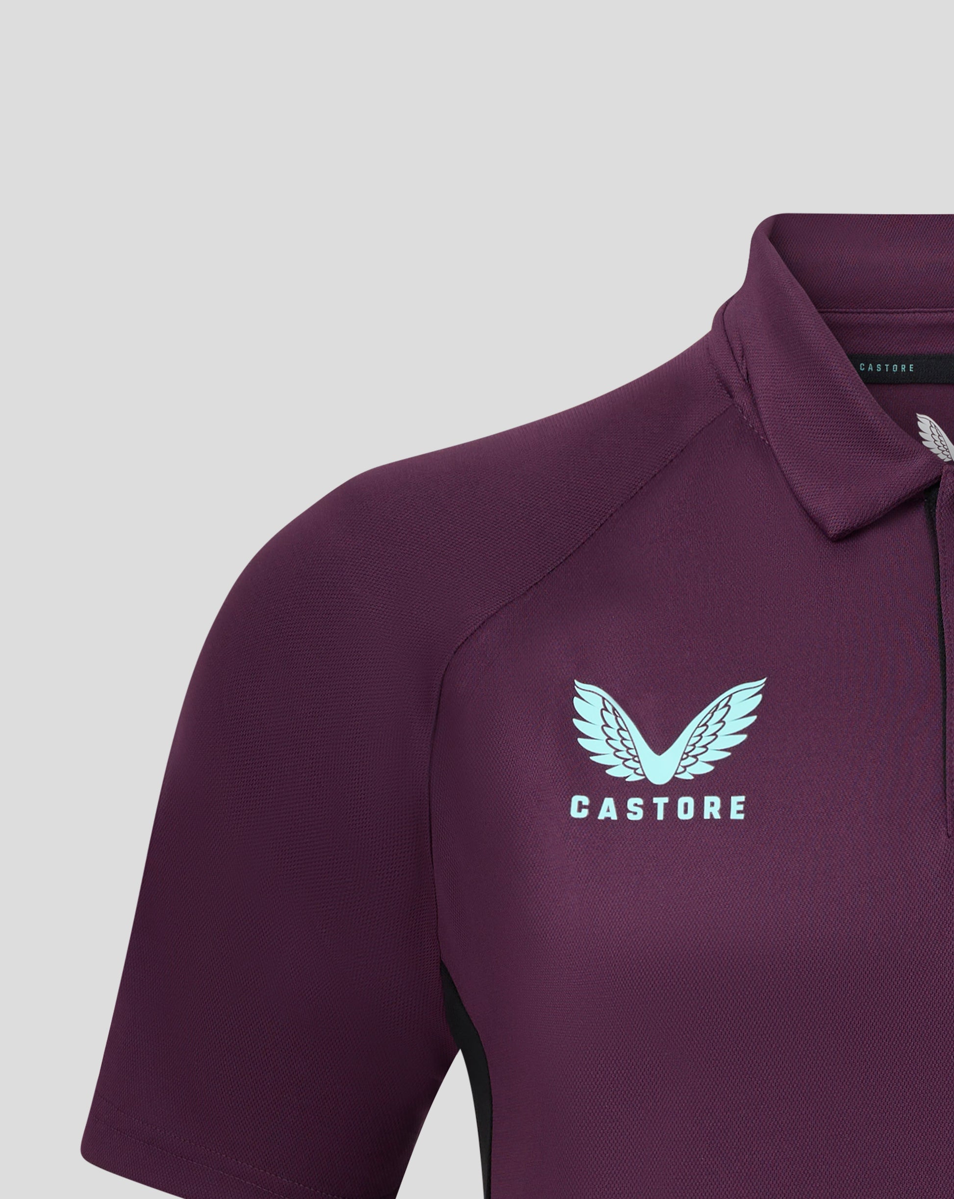 Close up of burgundy England Cricket polo with light blue wing emblem on chest and Castore label at the collar