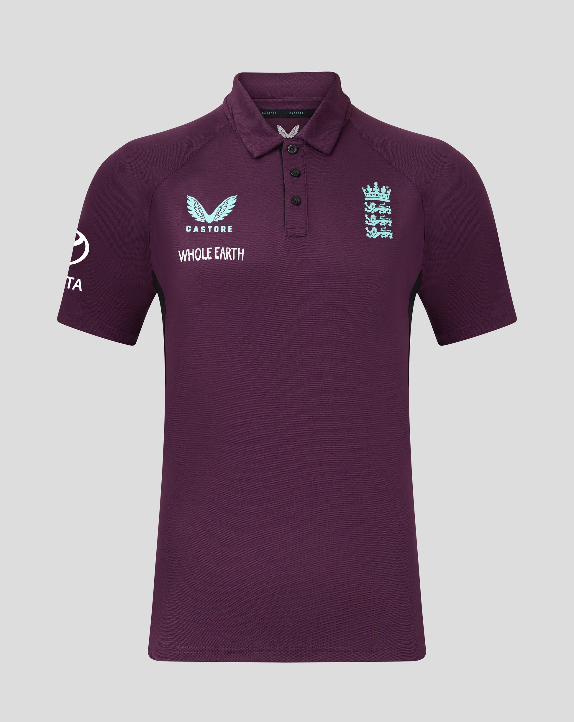 England cricket men's pro presentation polo in purple with three button placket and blue crest