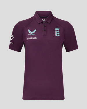 England cricket men's pro presentation polo in purple with three button placket and blue crest