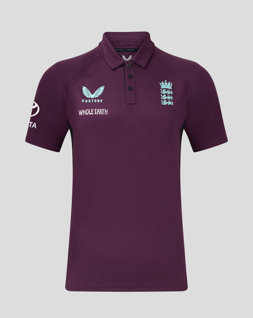 England cricket men's pro presentation polo in purple with three button placket and blue crest