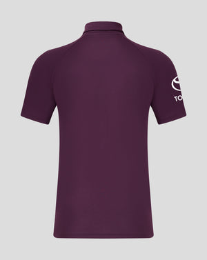 Back view of a maroon England cricket pro presentation polo showing shoulder seams and a white sleeve emblem