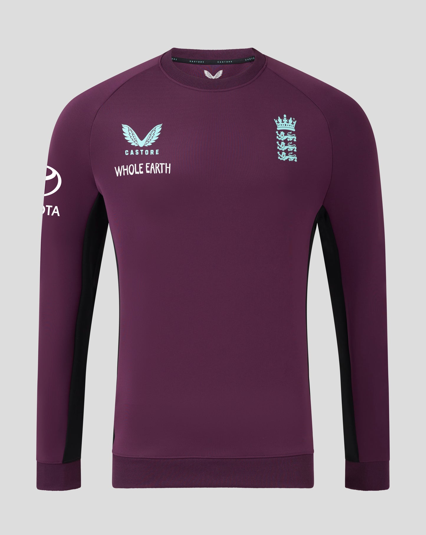 Front view of plum England 25/26 Pro Training Sweatshirt with England crest and Castore branding on the chest