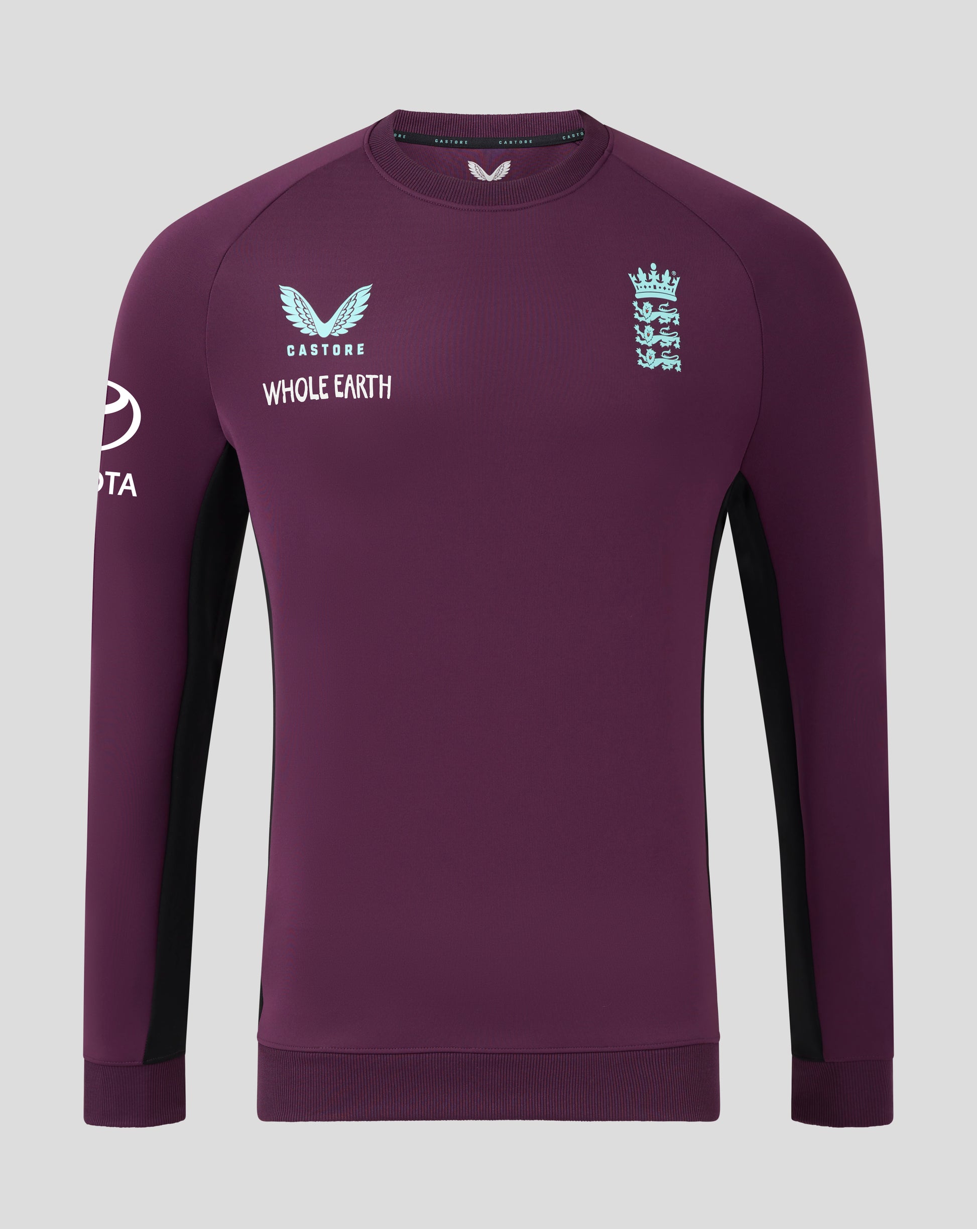 Front view of plum England 25/26 Pro Training Sweatshirt with England crest and Castore branding on the chest