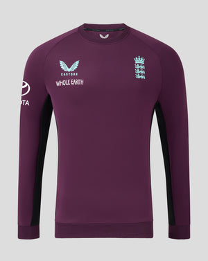 Front view of plum England 25/26 Pro Training Sweatshirt with England crest and Castore branding on the chest
