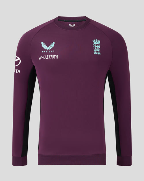 Front view of plum England 25/26 Pro Training Sweatshirt with England crest and Castore branding on the chest