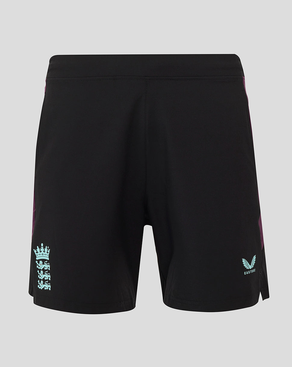 Back view of black England Cricket Training Shorts with purple side panels and a turquoise crest near the hem of the left leg