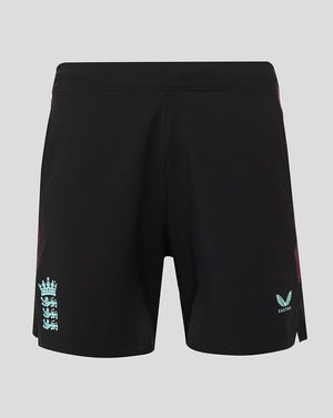 Back view of black England Cricket Training Shorts with purple side panels and a turquoise crest near the hem of the left leg