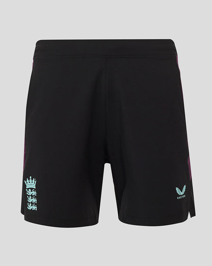 Back view of black England Cricket Training Shorts with purple side panels and a turquoise crest near the hem of the left leg