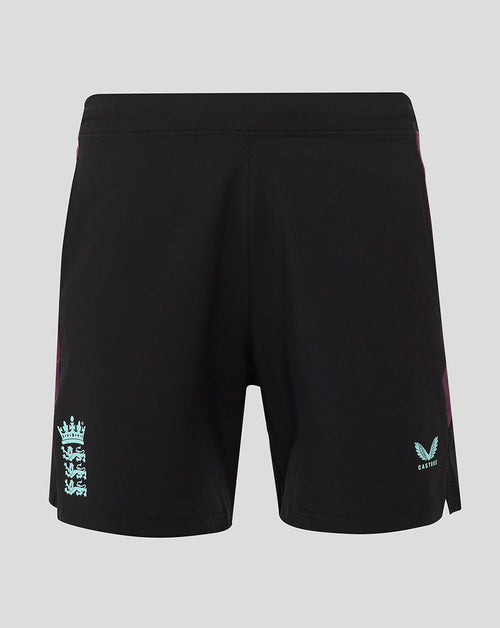 Back view of black England Cricket Training Shorts with purple side panels and a turquoise crest near the hem of the left leg