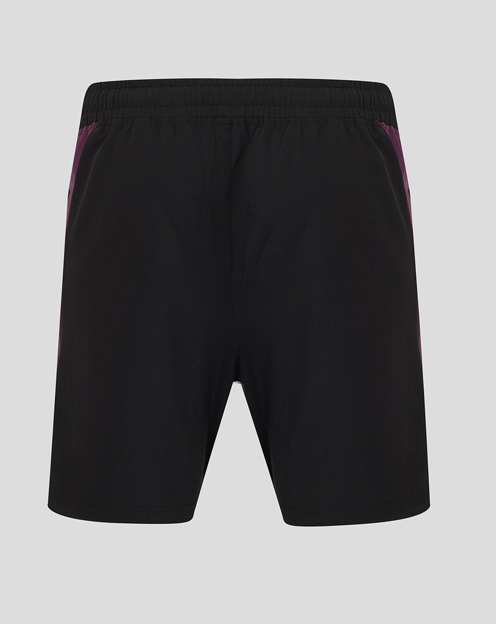 Front view of black England Cricket Training Shorts with turquoise crest on the left leg and purple side panels
