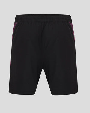 Front view of black England Cricket Training Shorts with turquoise crest on the left leg and purple side panels