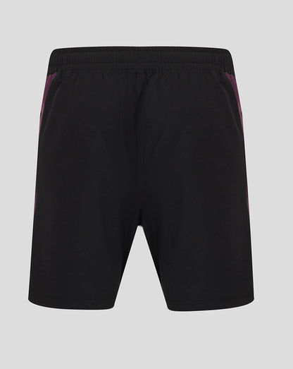 Front view of black England Cricket Training Shorts with turquoise crest on the left leg and purple side panels