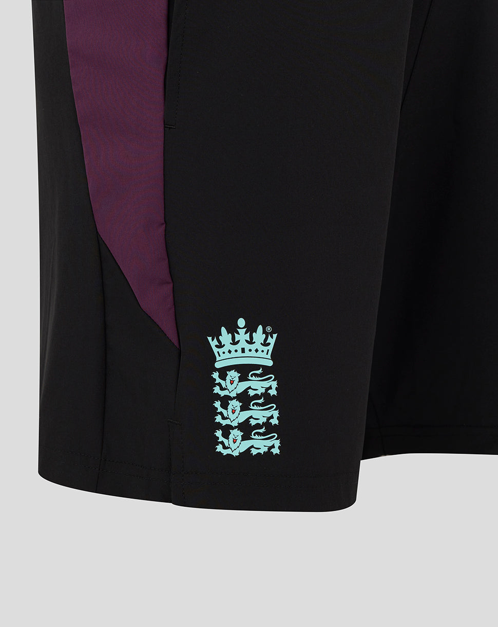 England cricket training shorts in black with light blue crest on the right thigh and purple side panels
