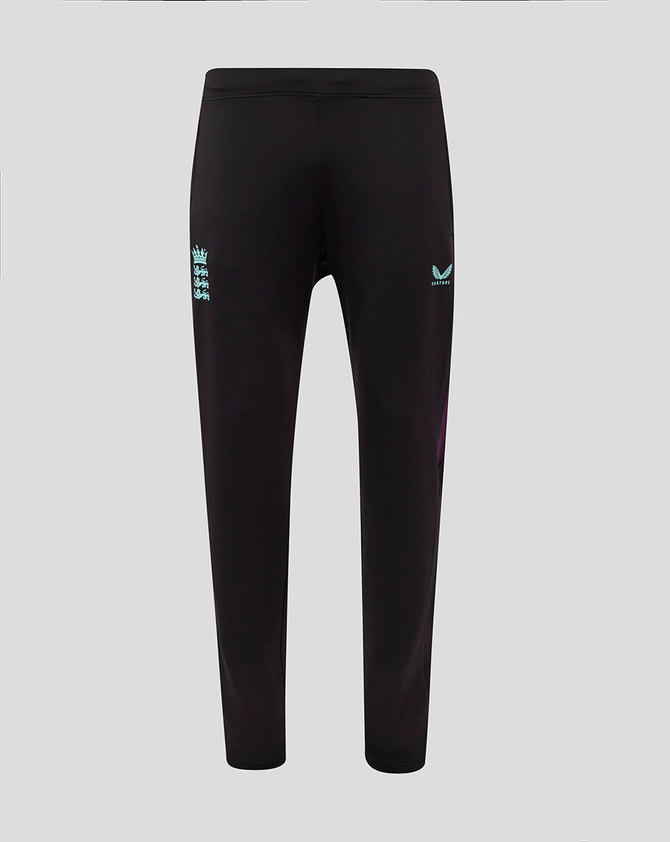 Back view of black England cricket training pants with pale blue crest on the left thigh and Castore logo on the right thigh with purple side panels