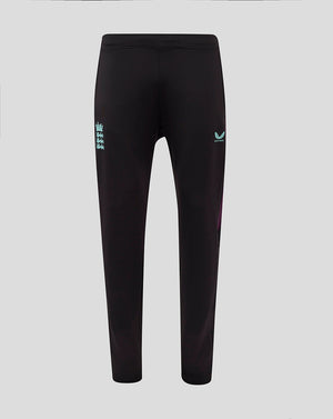 Back view of black England cricket training pants with pale blue crest on the left thigh and Castore logo on the right thigh with purple side panels
