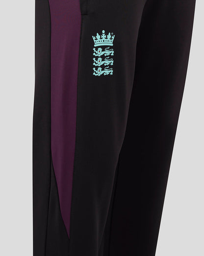 Close up of pant leg showing turquoise crest logo on black fabric with a purple panel.