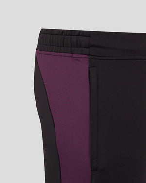Close up of England Cricket Training Pants waistband area showing black fabric with a purple side panel.