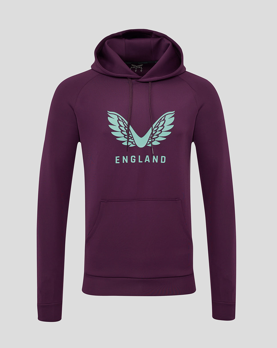 Plum England cricket hoodie with teal wing logo and ENGLAND lettering on chest.