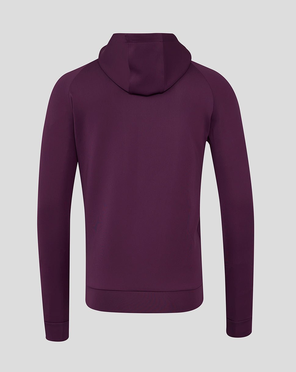 Back view of a purple England Cricket hoodie with a full hood and clean rear panel
