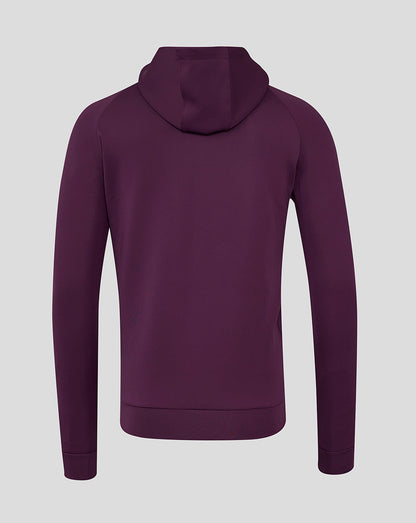Back view of a purple England Cricket hoodie with a full hood and clean rear panel