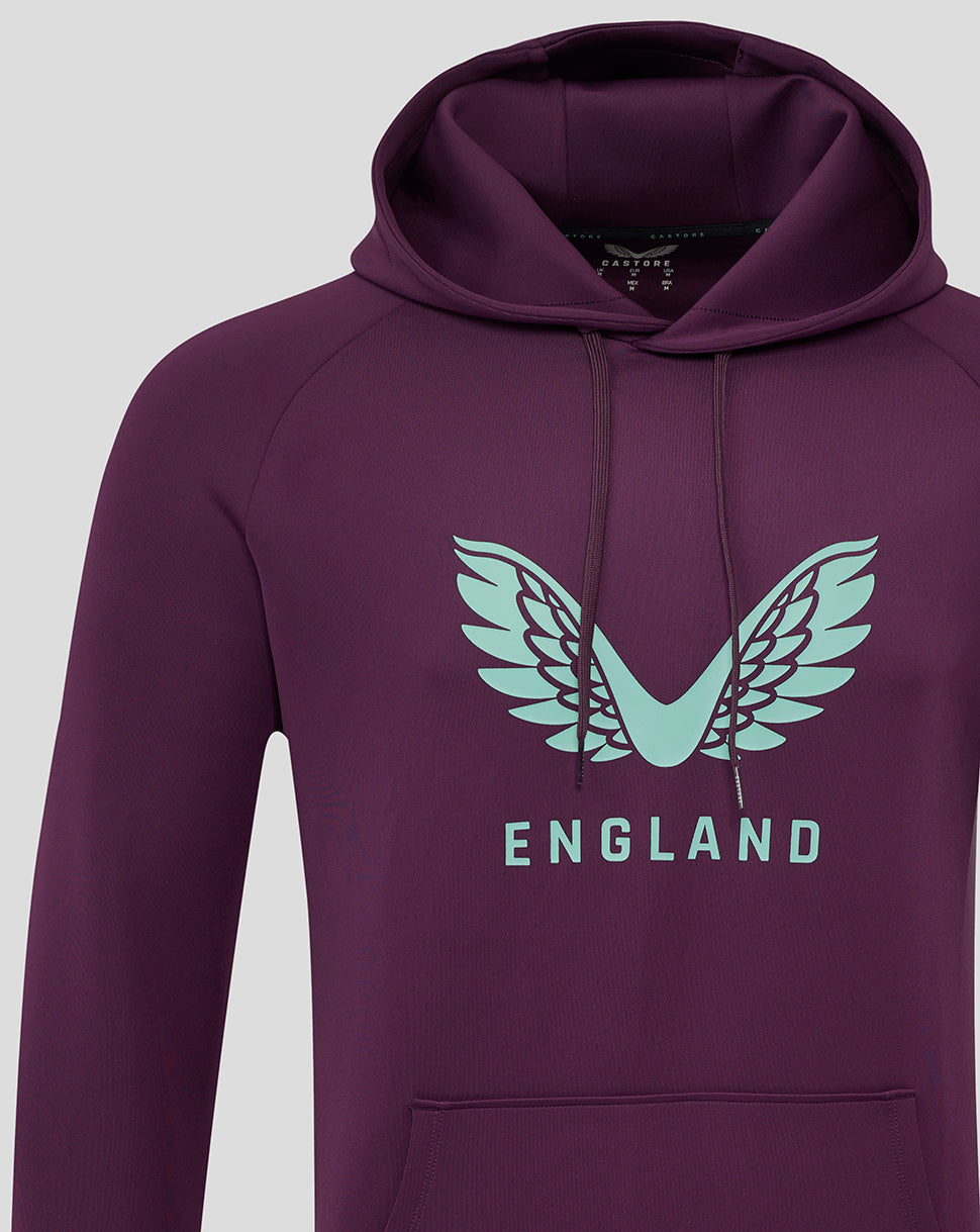 Close up of plum hoodie chest showing teal wing logo and ENGLAND wordmark.