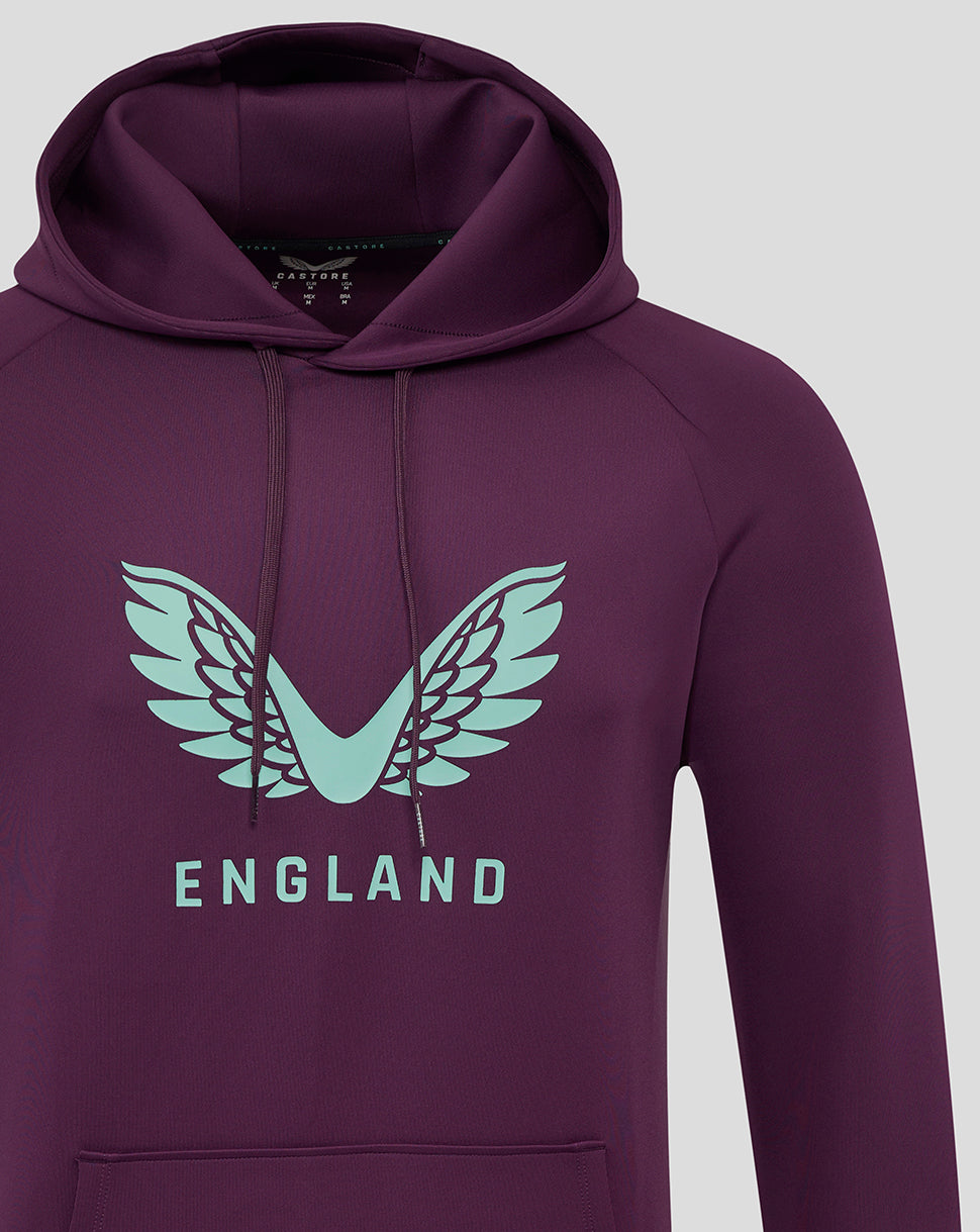 Front view of a purple England Cricket hoodie with teal wing logo and ENGLAND lettering on the chest