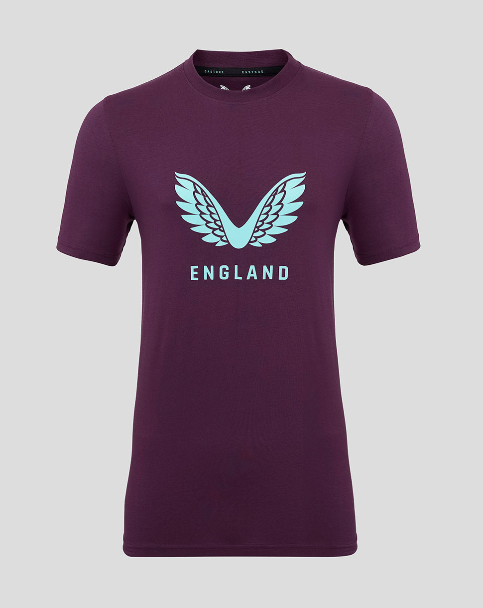 Front view of a purple England Cricket short sleeve tee with teal wings logo and ENGLAND lettering