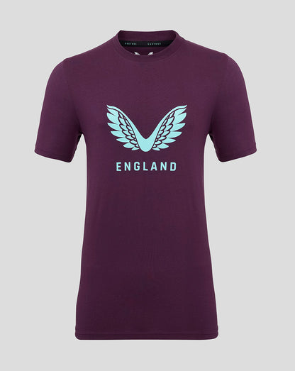 Front view of a purple England Cricket short sleeve tee with teal wings logo and ENGLAND lettering