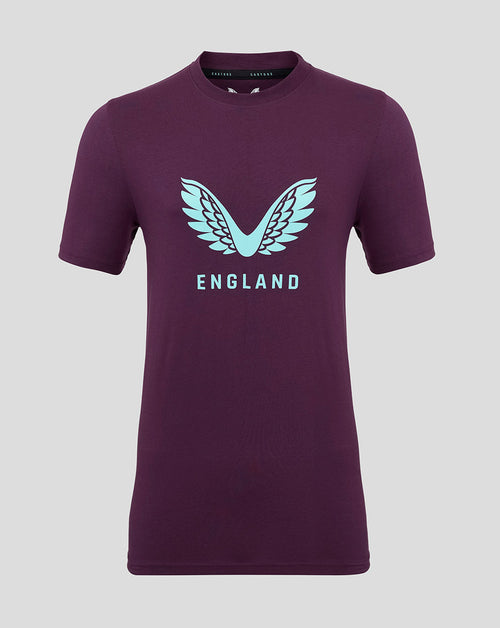 Front view of a purple England Cricket short sleeve tee with teal wings logo and ENGLAND lettering