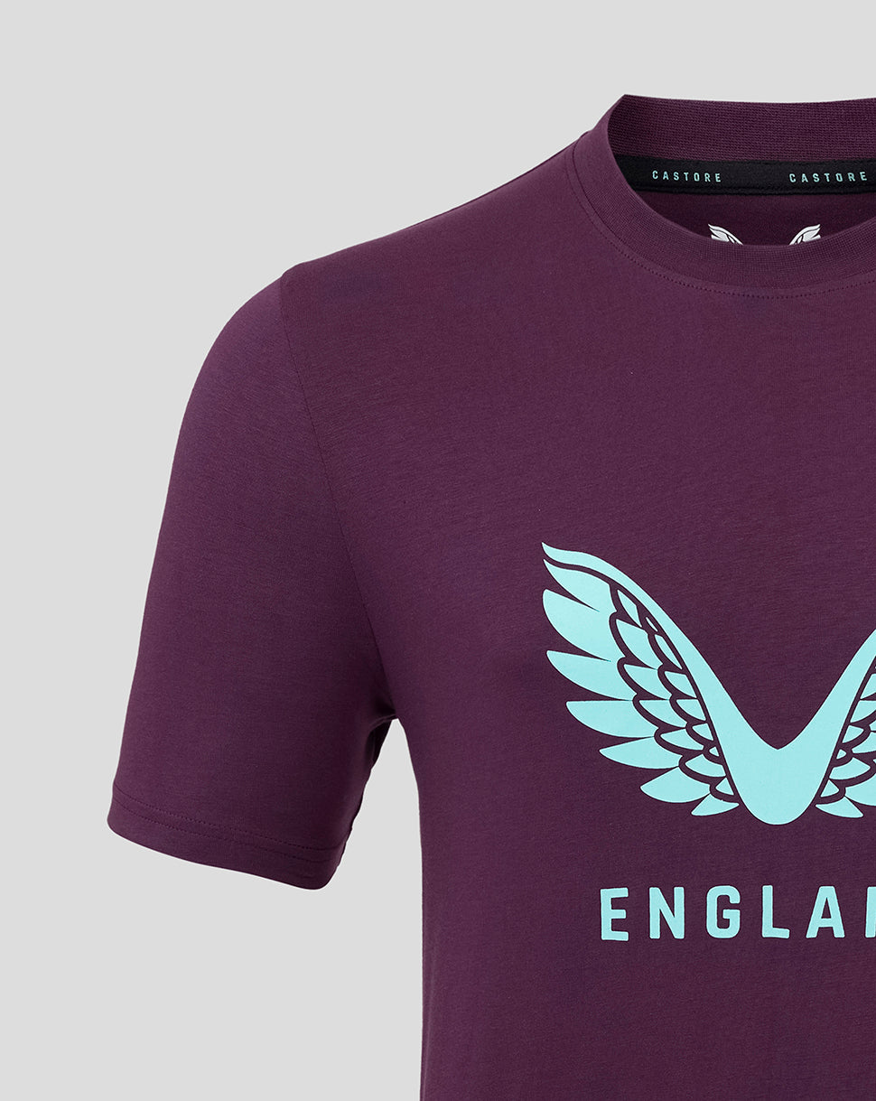 Purple England cricket tee with light blue wing crest and ENGLAND lettering on chest.