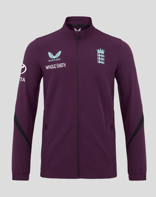 Purple England cricket Anthem jacket front view with England crest on chest and zip