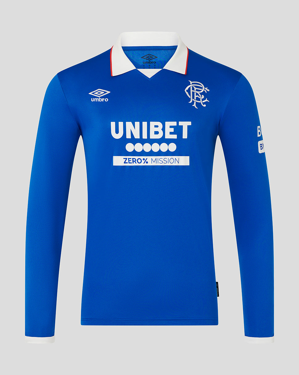Rangers blue home long sleeve shirt with white collar crest on the chest and UNIBET sponsor.