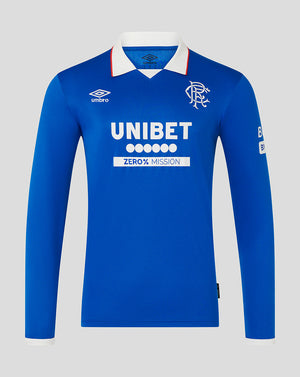 Rangers blue home long sleeve shirt with white collar crest on the chest and UNIBET sponsor.