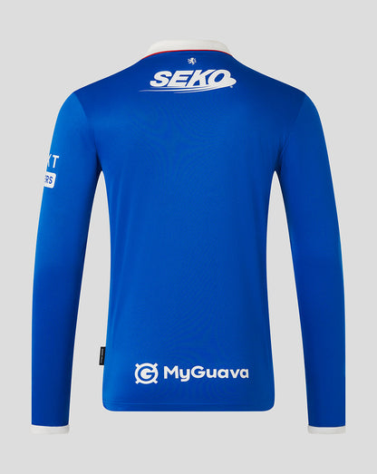 Rear view of blue Rangers home long sleeve shirt with SEKO logo at neck and MyGuava sponsor at lower back.