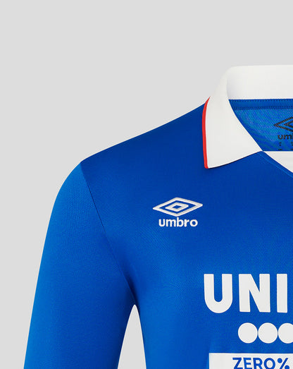 Close-up of blue Rangers home long sleeve shirt with white collar, white Umbro logo on chest and bold front graphics.