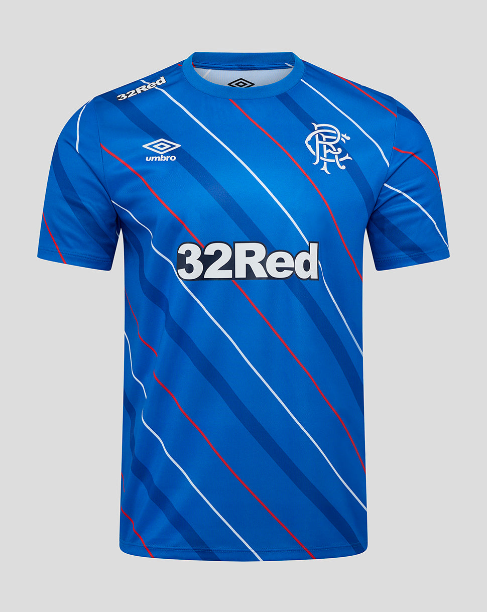 Front view of blue Rangers home matchday tee with diagonal white and navy stripes, crest on chest and 32Red sponsor.