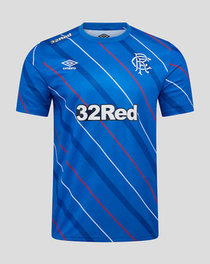Front view of blue Rangers home matchday tee with diagonal white and navy stripes, crest on chest and 32Red sponsor.
