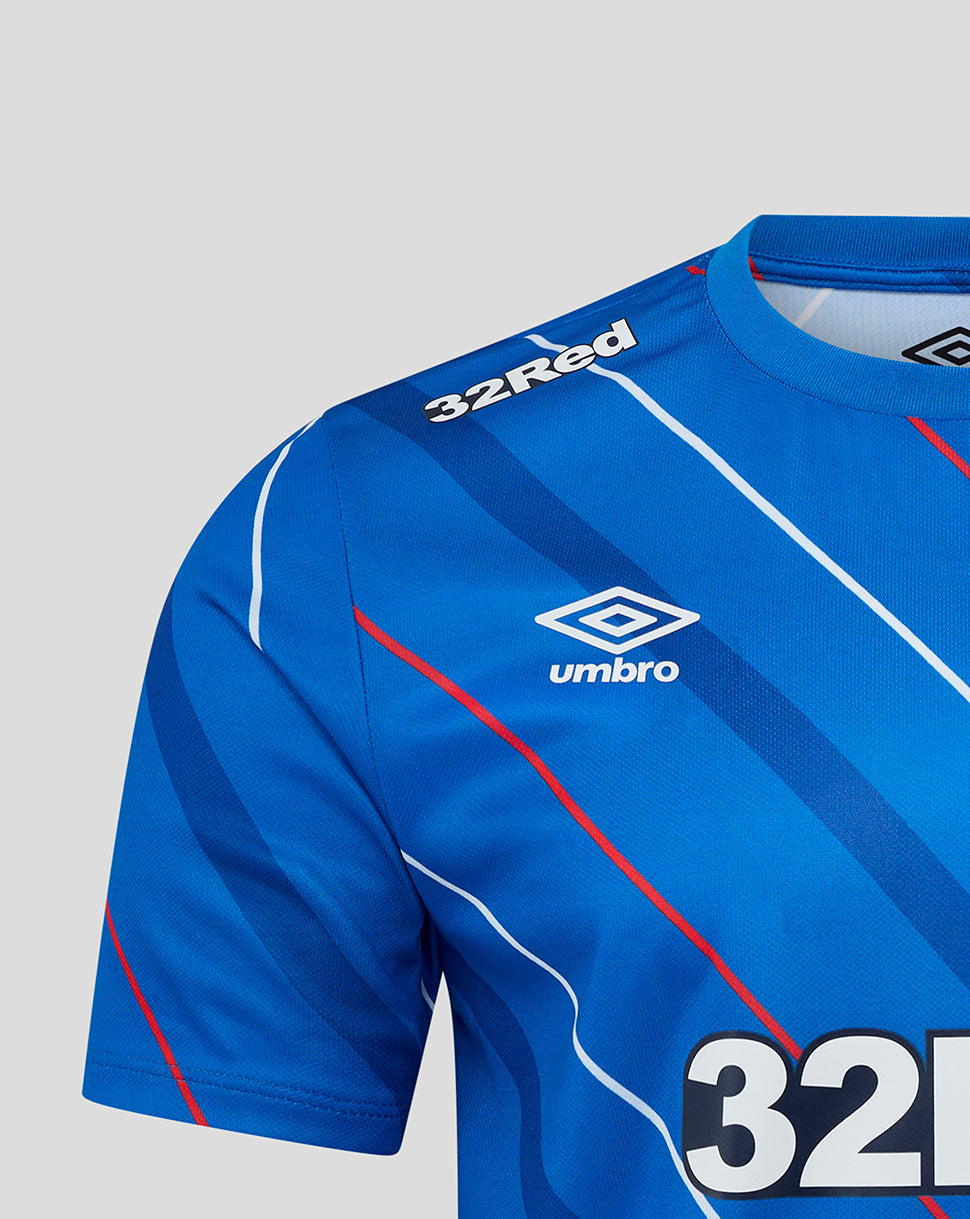Rangers Men's 25/26 Home Matchday Tee in blue with diagonal white and red stripes, 32Red sponsor and Umbro logo.
