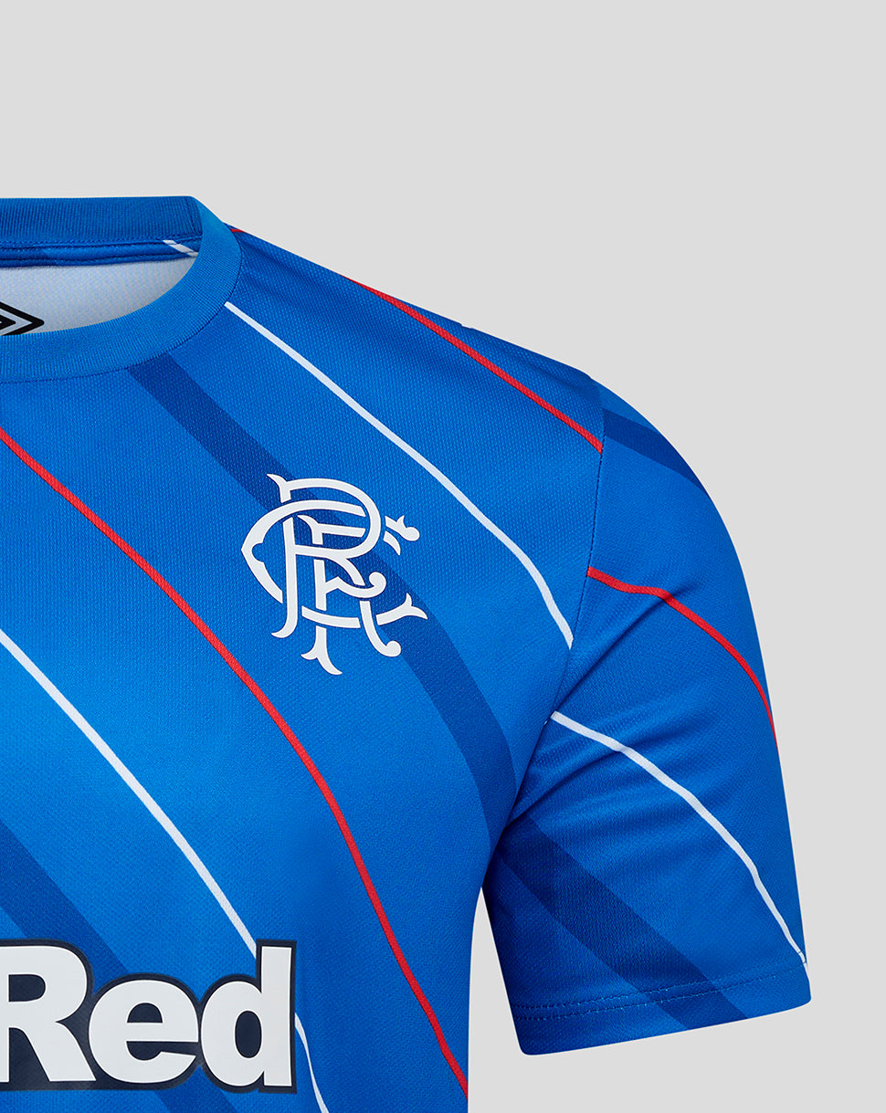 Close-up of blue Rangers home matchday tee showing crest on chest and diagonal stripe pattern.