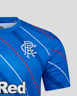 Close-up of blue Rangers home matchday tee showing crest on chest and diagonal stripe pattern.