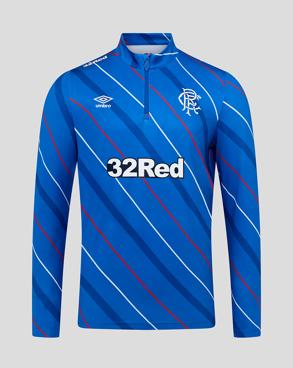 Rangers blue home matchday 1/4 zip top with diagonal stripes a zip collar and club crest.