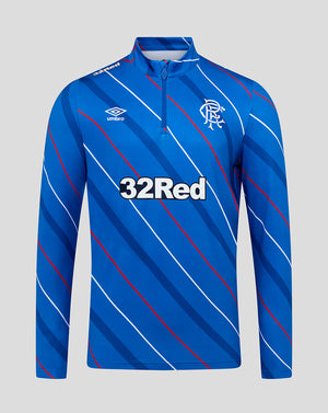 Rangers blue home matchday 1/4 zip top with diagonal stripes a zip collar and club crest.