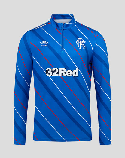 Rangers blue home matchday 1/4 zip top with diagonal stripes a zip collar and club crest.