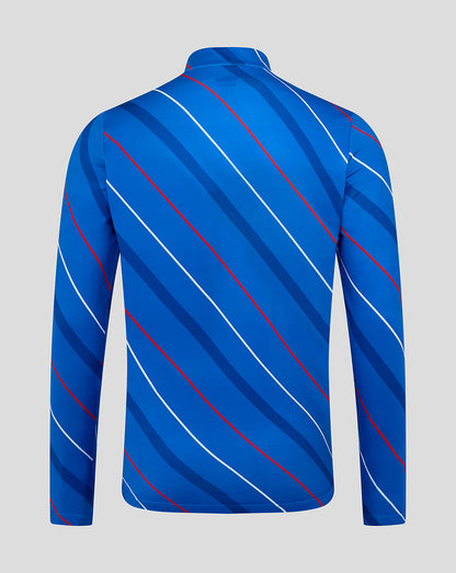 Back view of blue Rangers home jersey with diagonal red and white stripes