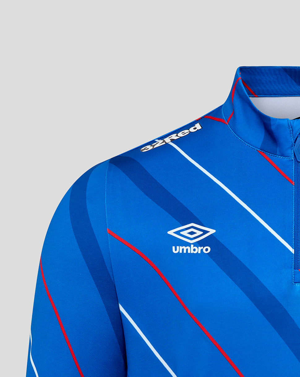 Blue Rangers home jersey shoulder detail with Umbro logo and diagonal stripe pattern