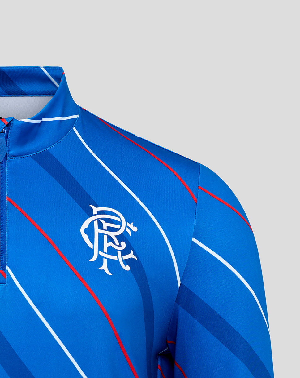 Rangers home matchday blue 1/4 zip jersey chest with club crest and Umbro logo