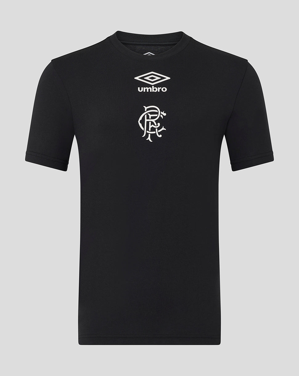 Front view of black Rangers men's presentation logo tee with Umbro diamond logo and club crest.