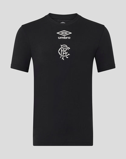 Front view of black Rangers men's presentation logo tee with Umbro diamond logo and club crest.